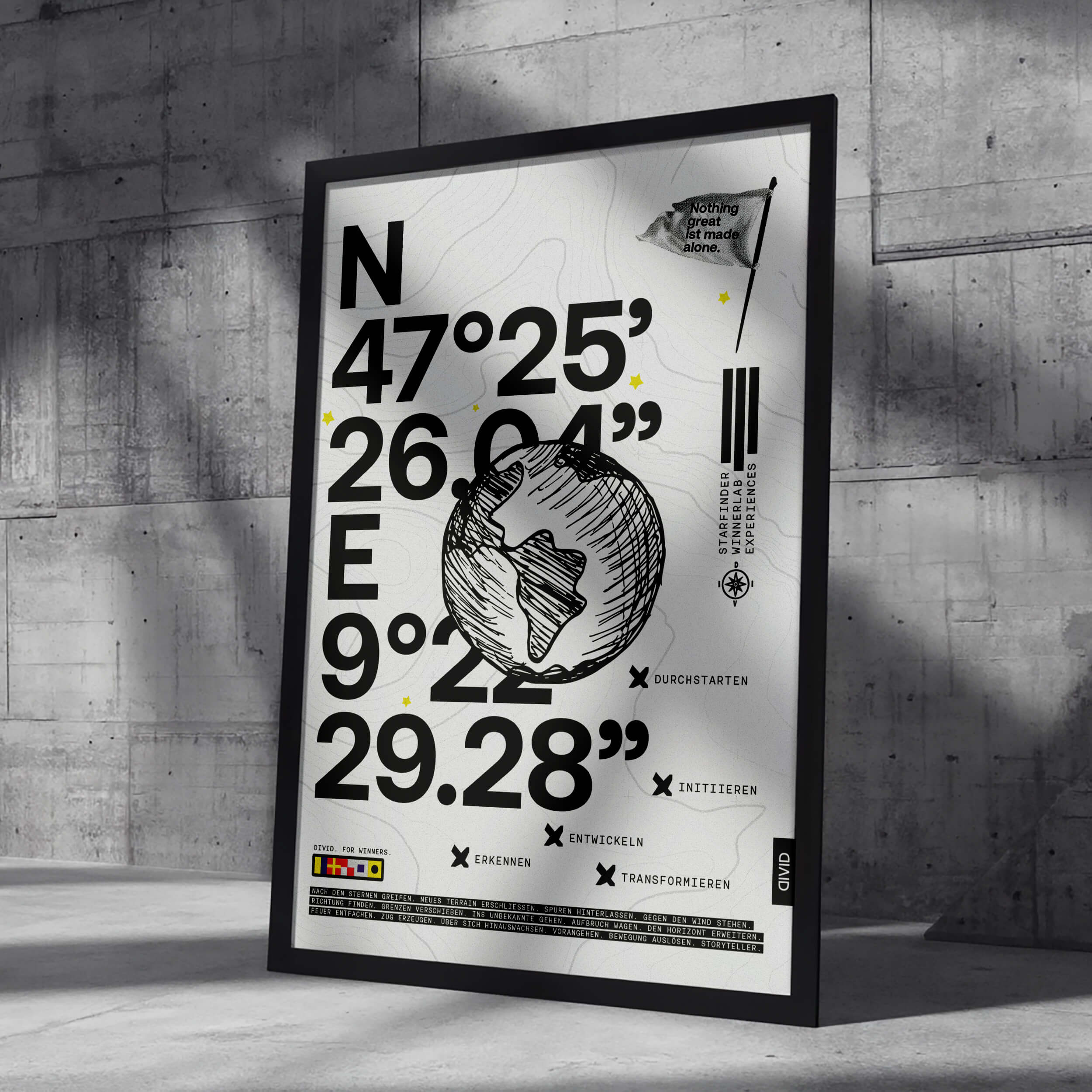 Divid-Visionsbild als Plakat mit den Koordinaten von St. Gallen und einer gezeichneten Weltkugel, angelehnt an eine Betonwand